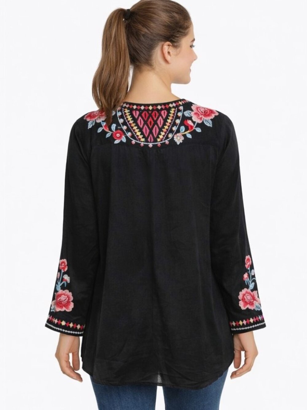 Johnny Was Tura Embroidered Blouse Black Red Pink Size M - Picture 2 of 9